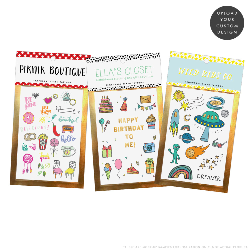 Design a custom mini pack for kids! Assorted temporary tattoos are the perfect party favor or retail add on item. 