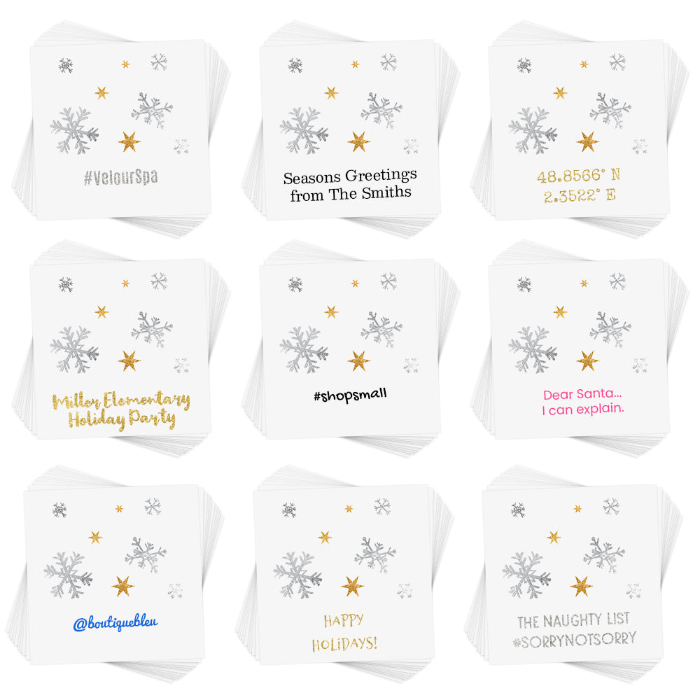 Semi custom Snow Flurries holiday inspired metallic temporary Flash Tattoos. Add your custom text and select your favorite font! @FlashTattoos