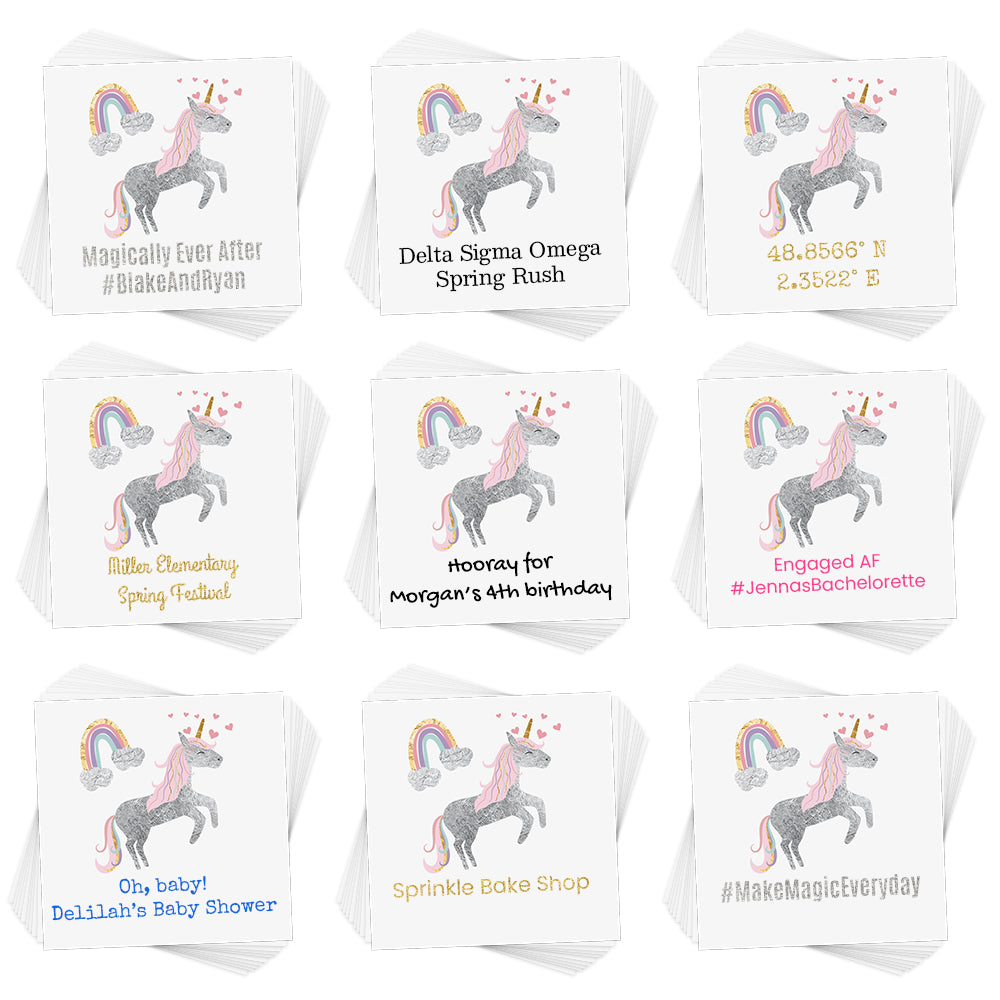 Personalize the Lovely Unicorns kids temporary tattoo. The perfect addition for birthday parties, events, celebrations and more!