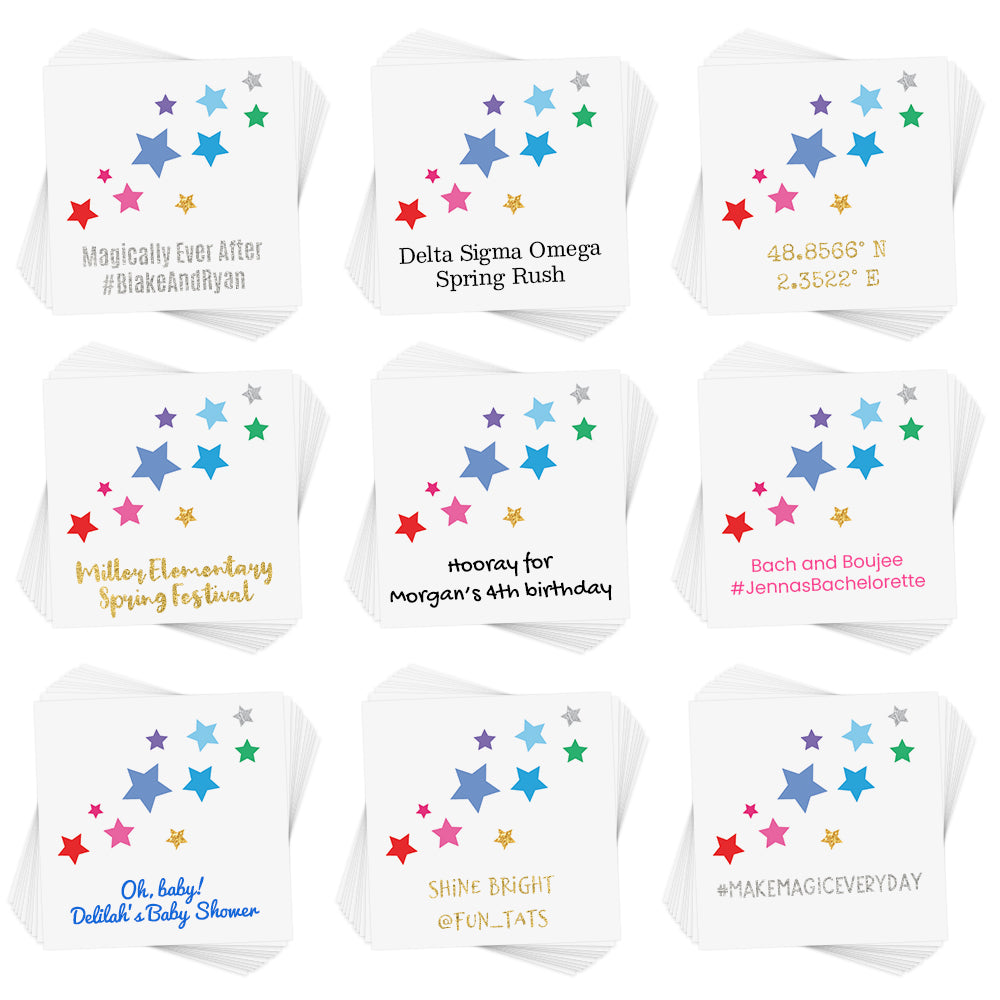 Personalize the Starry Delight rainbow inspired temporary tattoo. The perfect addition for birthday parties, events, celebrations and more!