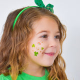 Adorn your cheeks with 'Shamrock Confetti' metallic St. Patty's sparkle! Featuring ten individual tattoos with shamrocks, horseshoes, mini rainbows and stars.