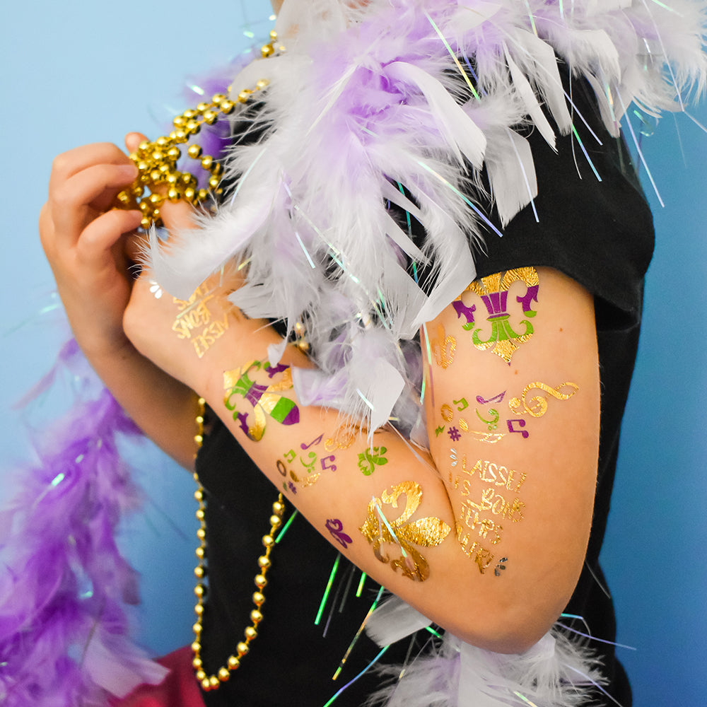 The Mardi Gras Variety Set has 25 metallic temporary party tats for carnival, parades, parties and to pass out to all your friends!