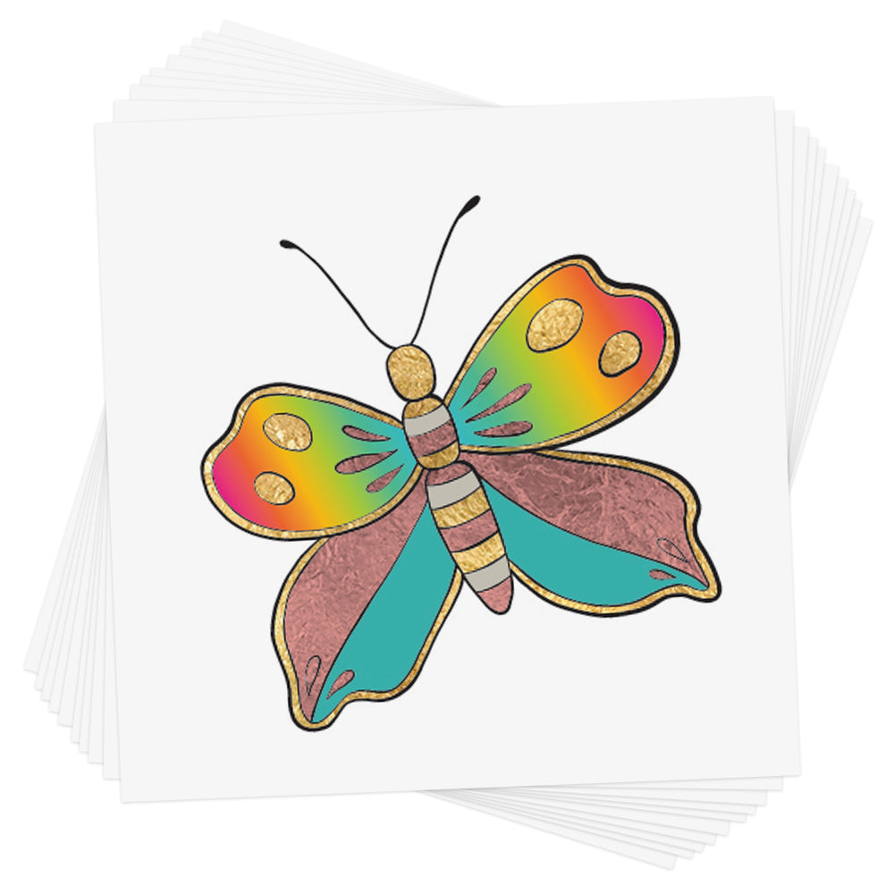 Flash Tattoos Butterfly Dreamer kids temporary tattoofeatures a colorful and vibrant nature inspired butterfly design made with metallic gold and metallic pink foils. 