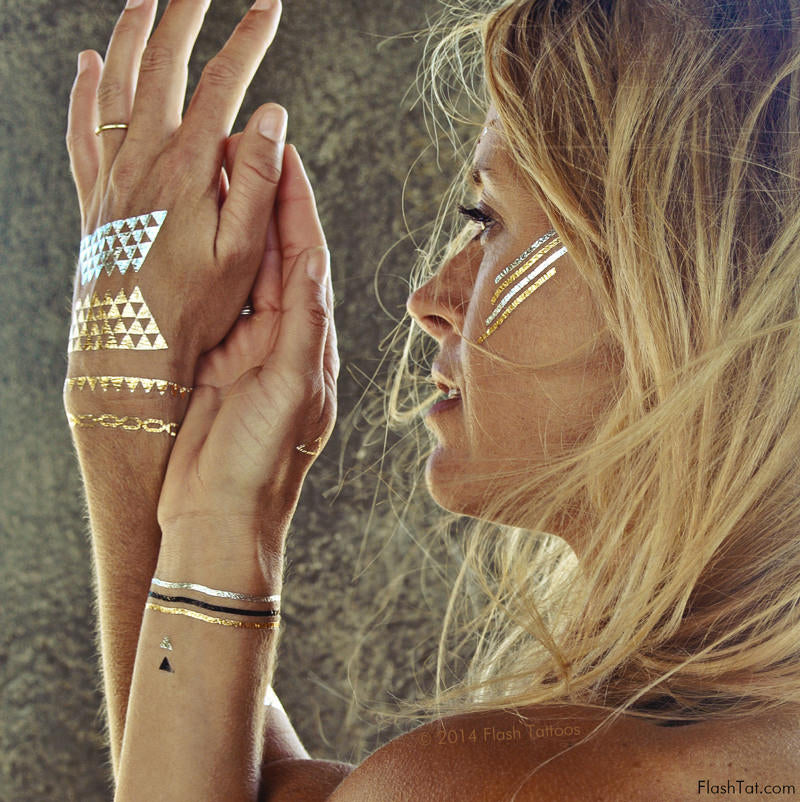 Dakota four sheet metallic gold, silver and black festival inspired temporary jewelry tattoos.