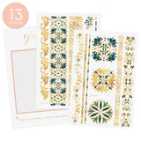 Flash some color with the Isabella collection! The pack contains 2 sheets of over 12 jewelry-inspired designs in bold blue, soft green and gold hues! @FlashTattoos