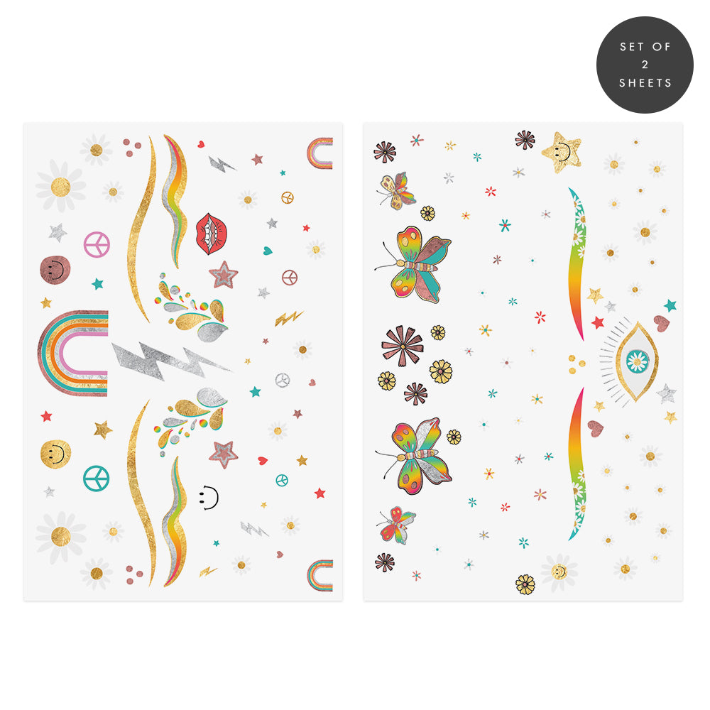 Daisy Dreamer two sheet metallic foil temporary tattoo in assorted flower, rainbow, smiley face and butterfly designs.  