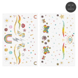 Daisy Dreamer two sheet metallic foil temporary tattoo in assorted flower, rainbow, smiley face and butterfly designs.  