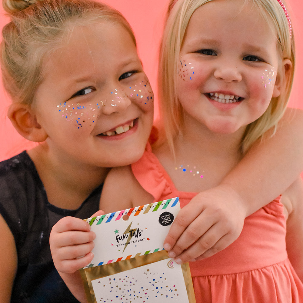 Confetti metallic temporary tattoos - premium metallic foils in an array of magenta, pink, blue, silver and gold provide the ultimate shine for any fête. @FlashTattoos
