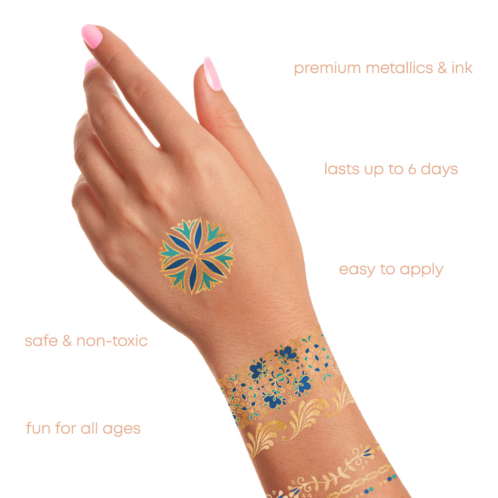 Made with premium metallic foils, vibrant plant-based inks, and vegan adhesive . Lasts up to six days! @FlashTattoos