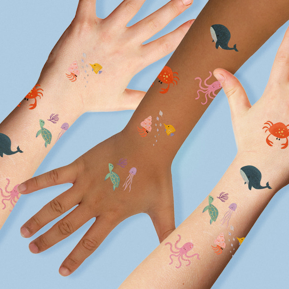 Kids Ocean Creatures temporary tattoos featuring under the sea inspired designs. Individually wrapped kids party favor tattoos @FlashTattoos