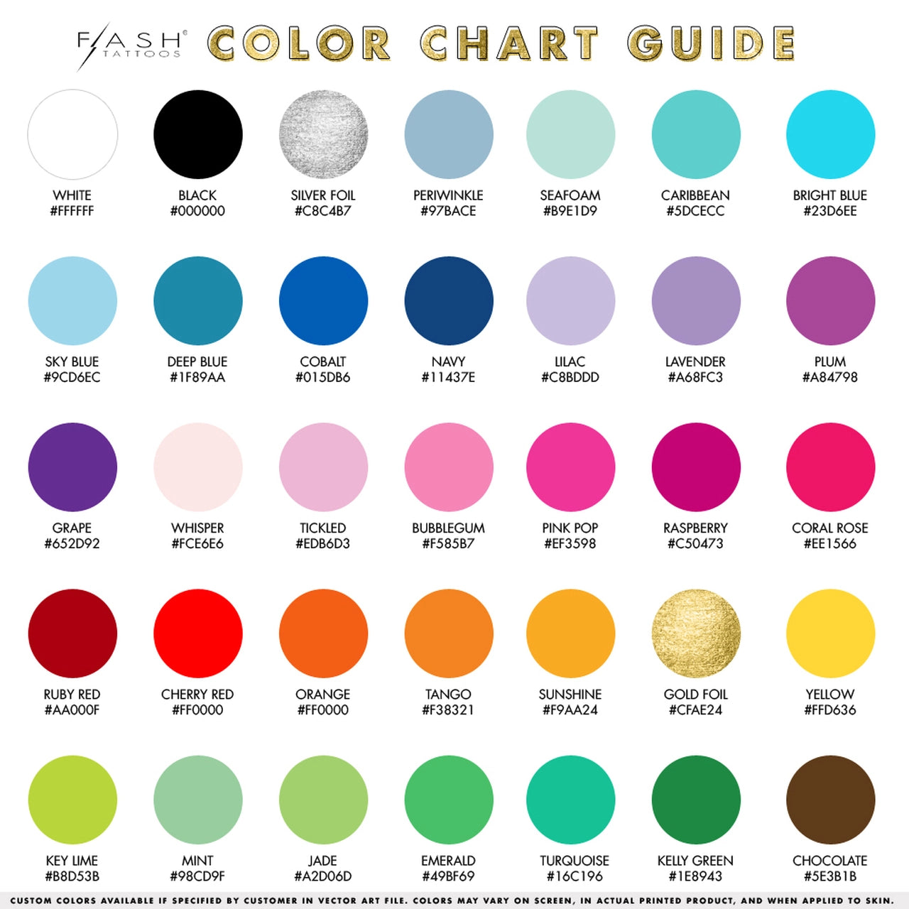 Color chart guide for custom tattoos - order a sample now! #FLASHTAT @FlashTattoos