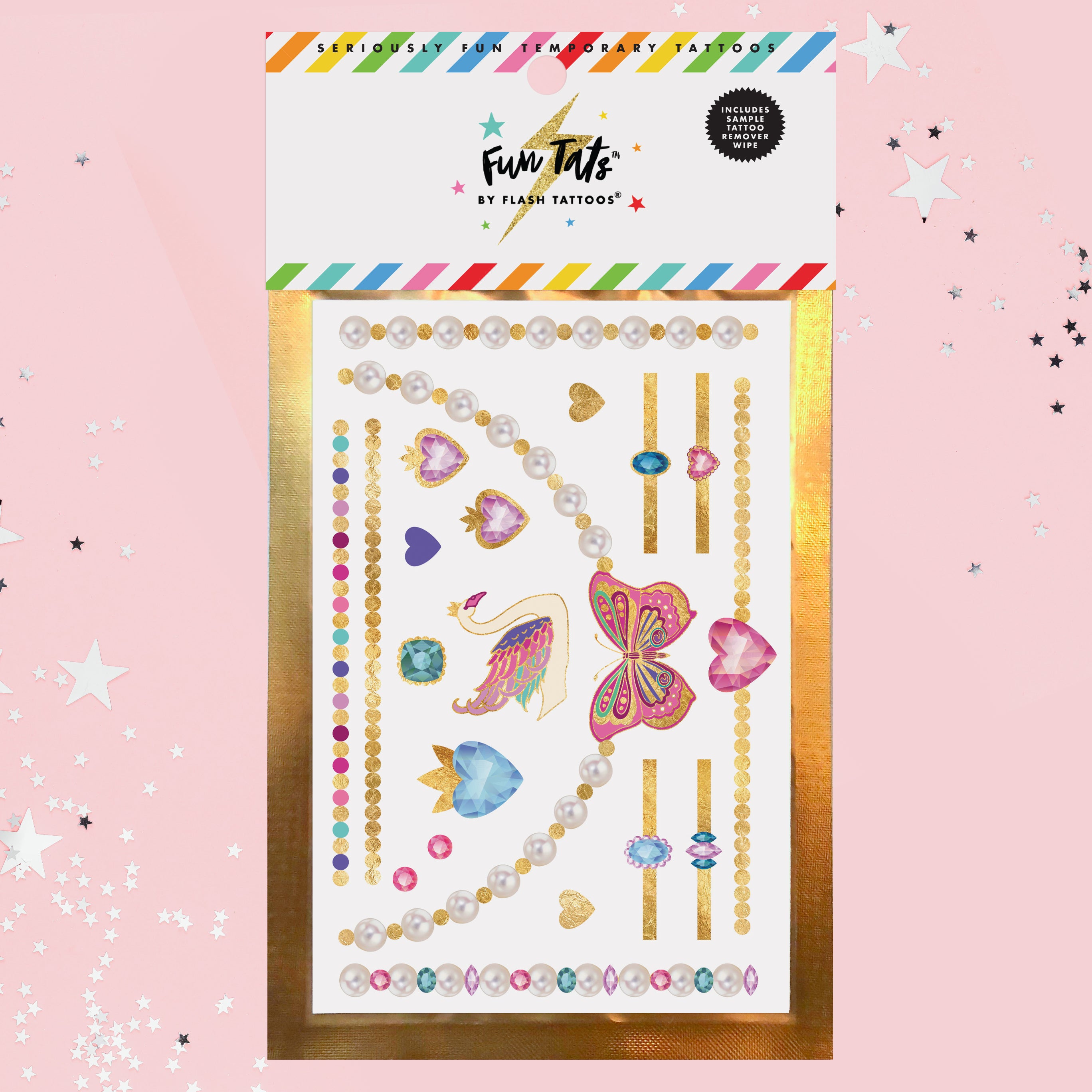 Princess Jewelry pack - two 4” X 6” mini-sheets featuring over 32 different colorful designs in metallic gold foil and various pastel colors.