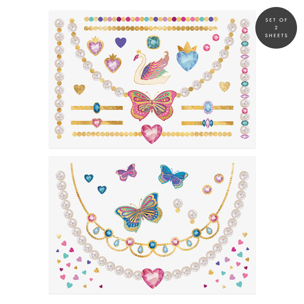 Inspired by our sweet littles who love to dress up, this 2 sheet set of jewelry tattoos is designed to make princess playtime even more fun
