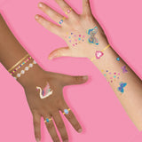 Princess Jewelry metallic temporary kids tattoos. This two sheet pack includes: swans, rings, bracelets, pearls, butterflies, hearts and more!