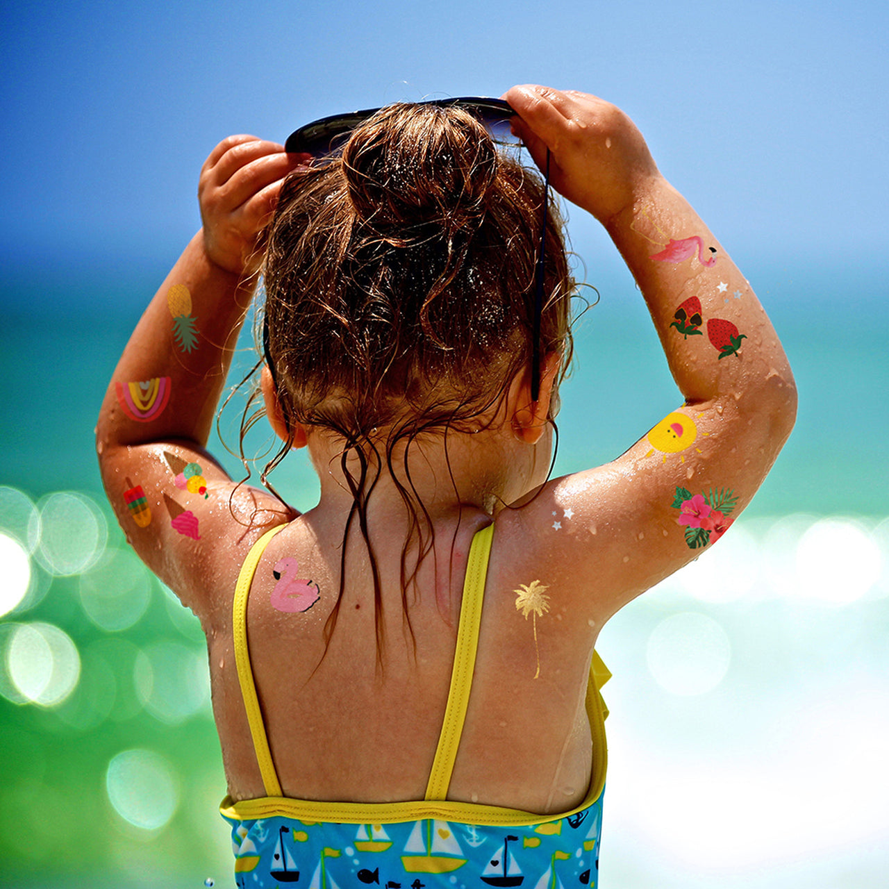 Tropical Temporary kids metallic tattoos: flamingo float, strawberries sun, popsicles, rainbow @Fun_Tats #FUNTATS