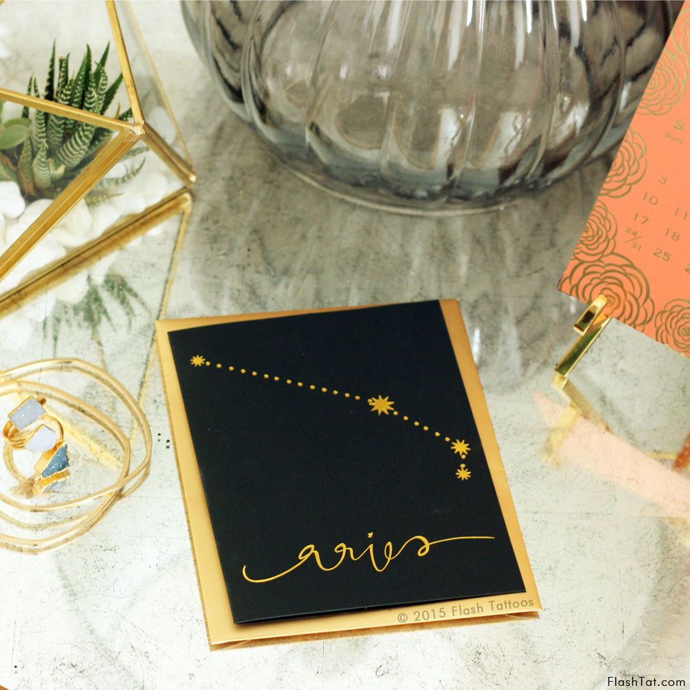 Aries zodiac greeting card with metallic gold constellation Flash Tattoos – the perfect way to shine! #flashtat @FlashTattoos