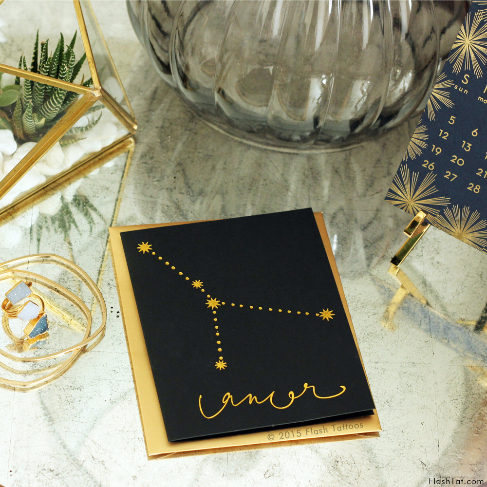 Cancer zodiac greeting card with metallic gold constellation Flash Tattoos – the perfect way to shine! #flashtat @FlashTattoos