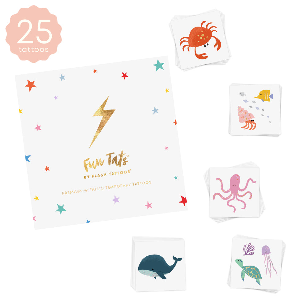 Fun Tats metallic temporary tattoo set is a super fun gift for kids. Five assorted under the sea inspired designs: crab, whale, turtle & jelly fish, octopus and hermit crab @FlashTattoos