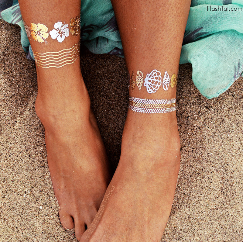 Rock the Flash Tattoos x Goldfish Kiss H2O collection by Rebekah Steen on your next beach trip! Metallic tropical beachy anklet tattoos.