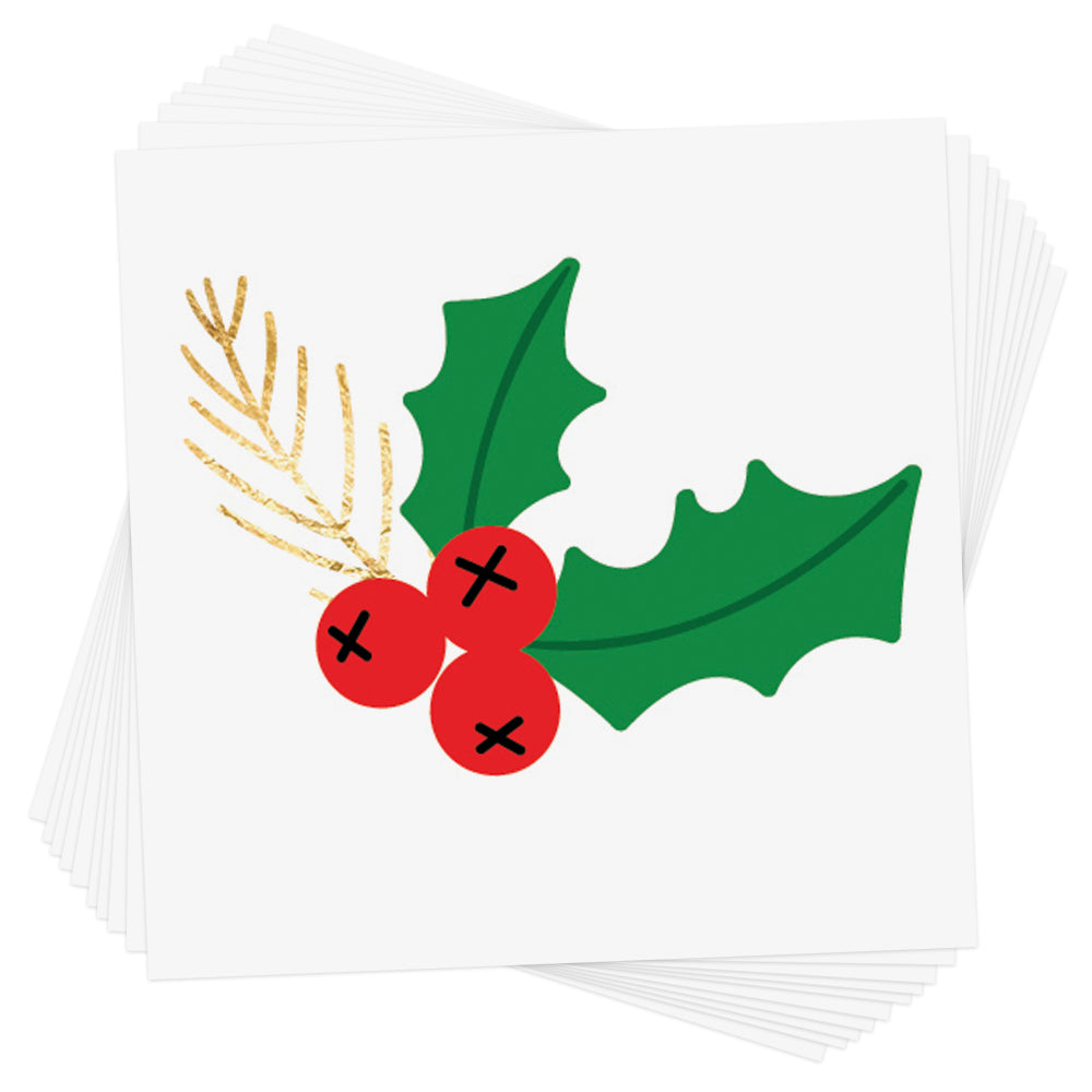 Green holly with red berries temporary tattoo with metallic gold branch