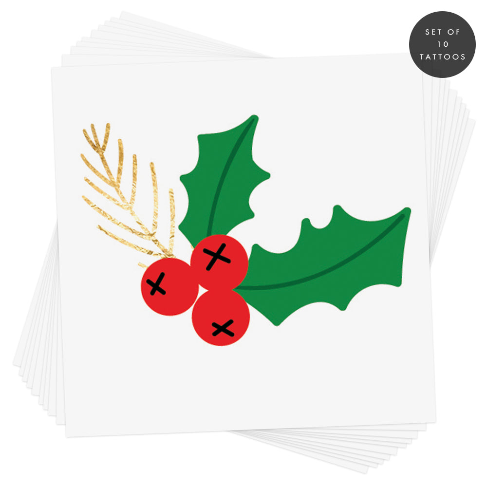 Set of 10 Green holly with red berries temporary tattoo with metallic gold branch