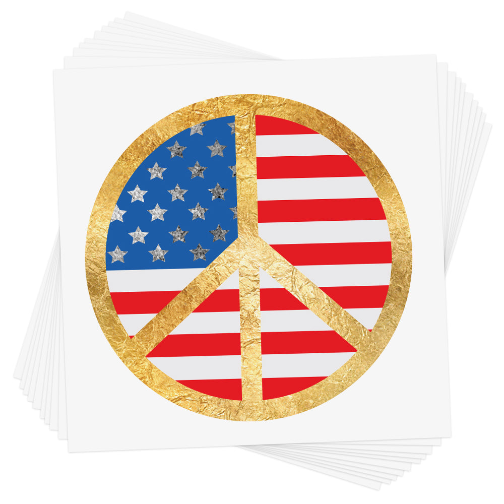 No 4th of July celebration is complete without a little Flash bling. Get the PEACE LOVE USA flag part tat set!  @FlashTattoos #FLASHTAT