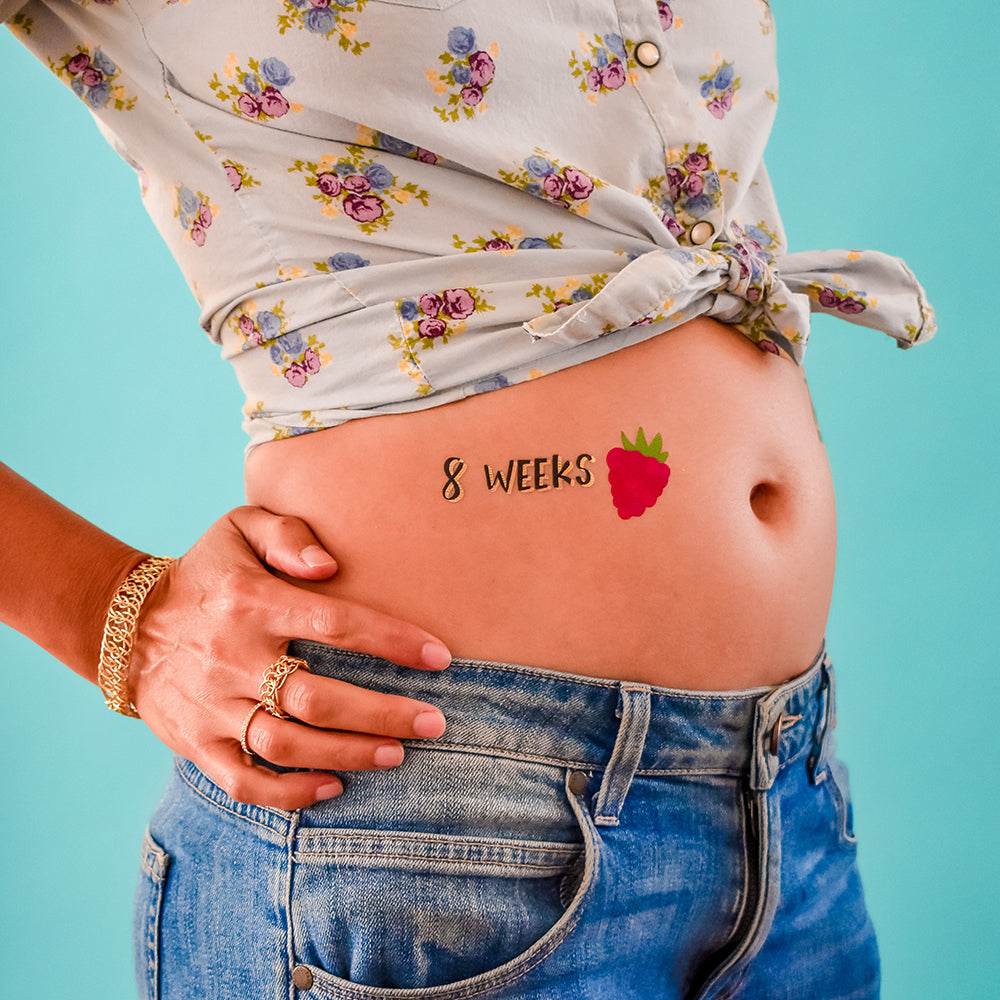 Mama Milestones - Cute and fruity monthly Pregnancy Belly Tattoos by @FlashTattoos