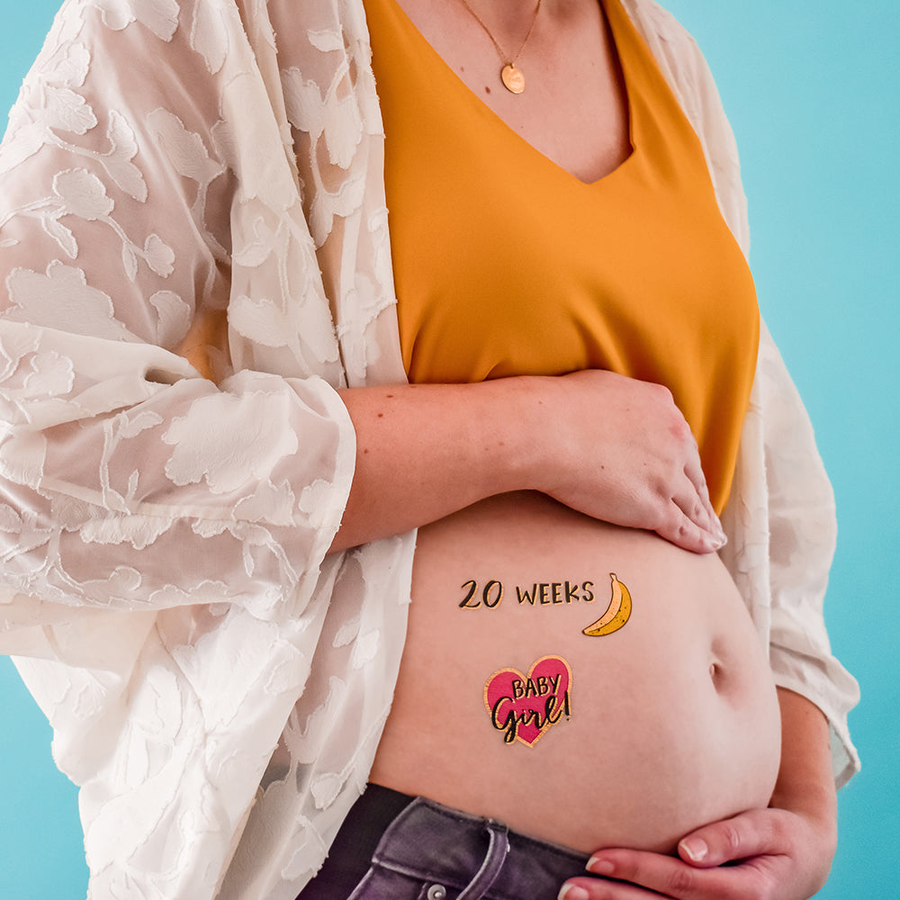Mama Milestones Fruit pregnancy inspired temporary tattoos: 20 weeks, baby girl, banana