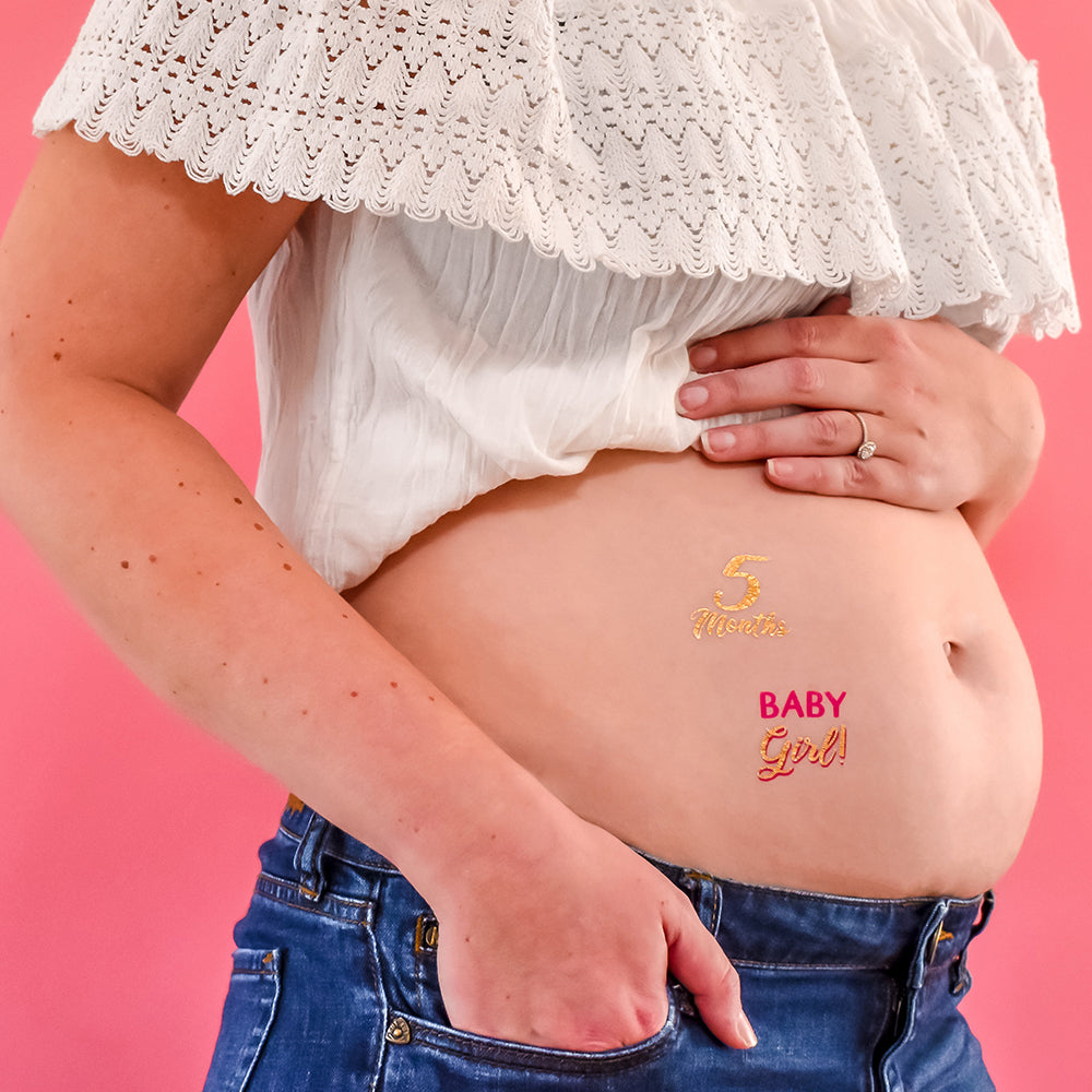 5 months metallic gold tattoo, baby girl metallic gold and pink temporary tattoo - Mama Milestones Henna pregnancy belly temporary Flash Tattoos