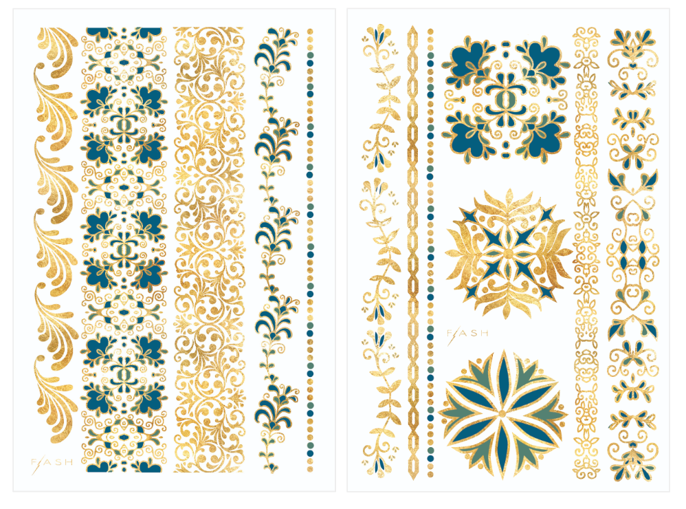 Sparkle in the two sheet Isabella pack with 13 Mediterranean jewelry inspired designs. @FlashTattoos 