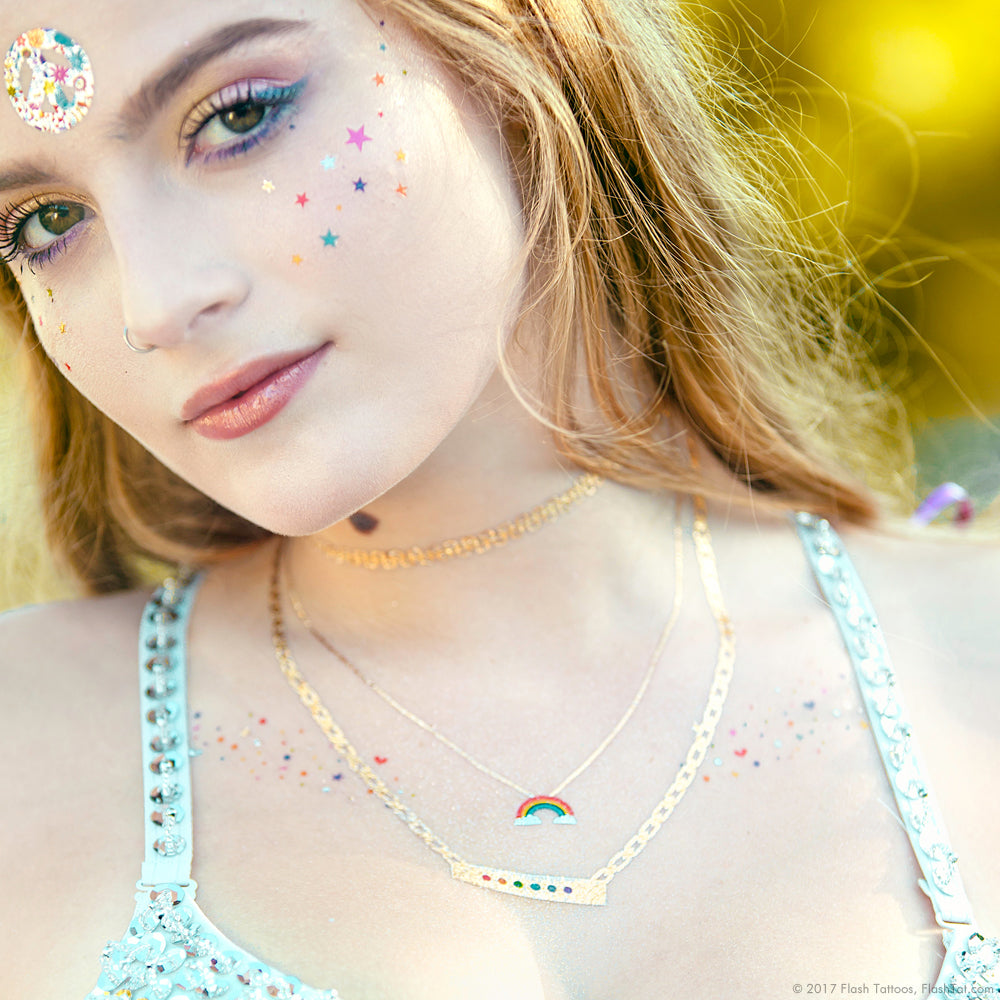 The 'Forever Rainbow' pack is the ultimate party sparkle! Rainbow metallic temporary tattoo sheets