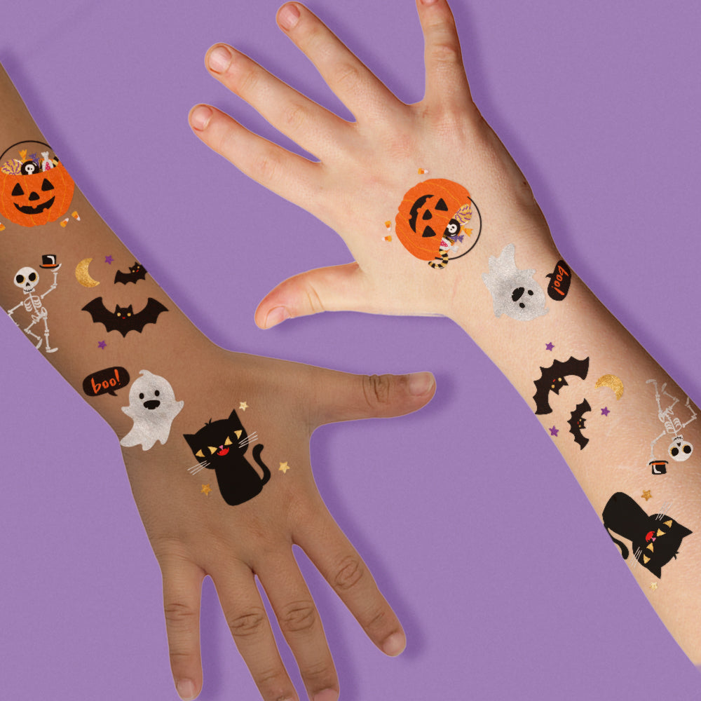 Cute N Spooky variety set featuring 25 pre-cut Halloween temporary tattoos - bats, cat, pumpkin, skeleton, ghost, trick or treat