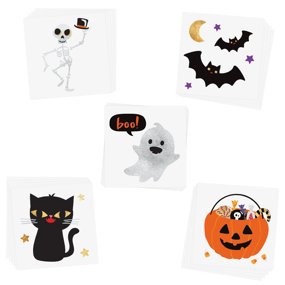 Shine bright and trick-or-treat yo'self to the metallic Cute N Spooky variety set featuring 25 pre-cut kids tattoos.