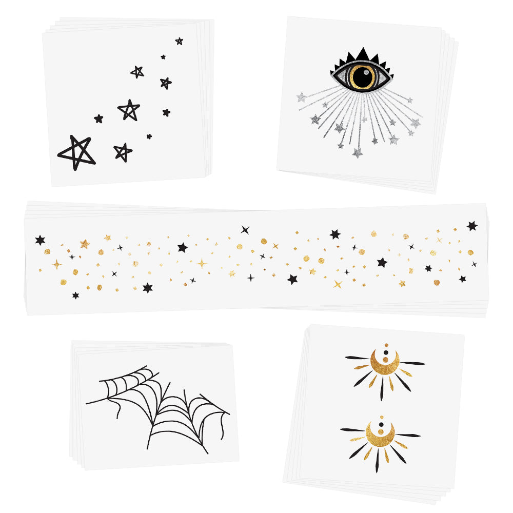 The Resting Witch Face variety set features 25 Halloween inspired temporary tattoos - spider web face jewel, moon beams, third eye, starry eye jewel and starry freckles. 