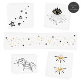 The Resting Witch Face Halloween inspired temporary tattoos - spider web face jewel, moon beams, third eye, starry eye jewel and starry freckles. 