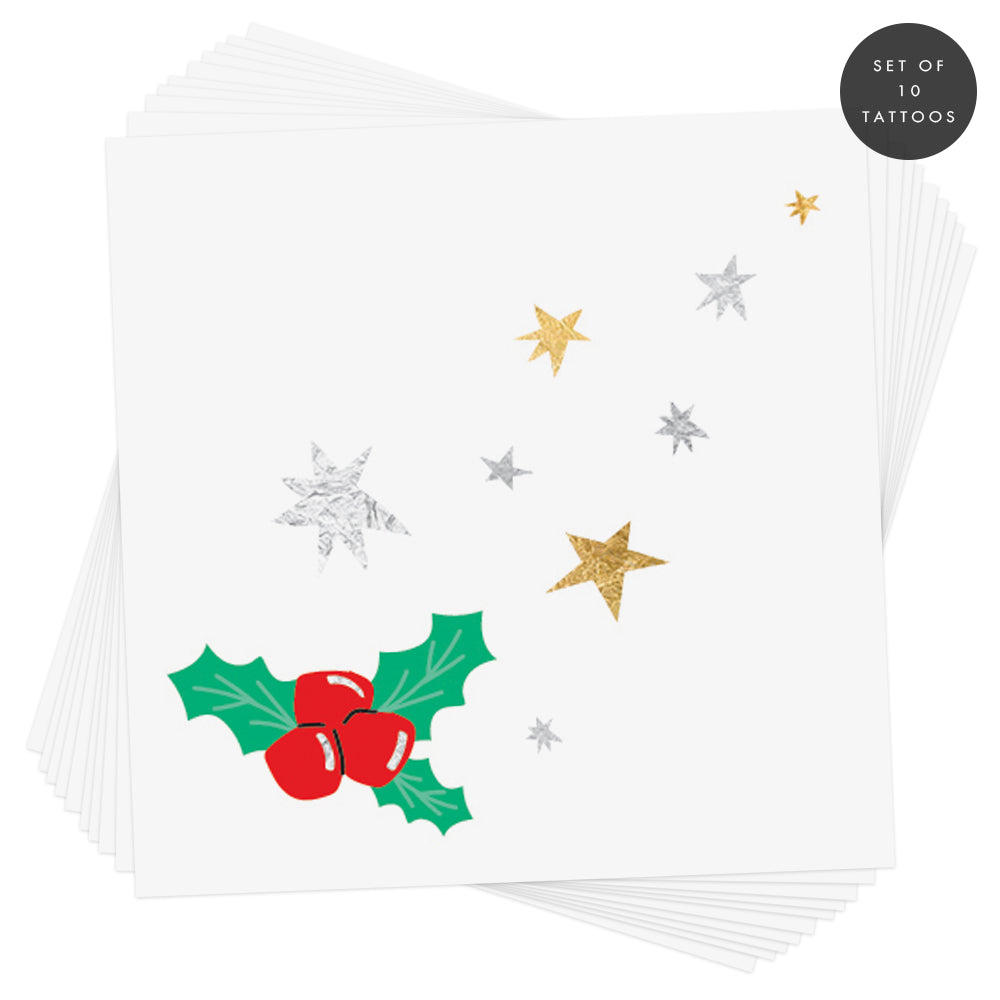 Set of 10 Green holly with red berries temporary tattoo with metallic gold and silver stars around it