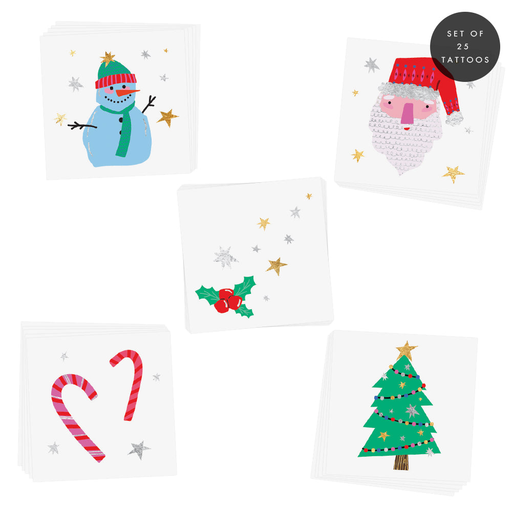 Set of 25 assorted Christmas inspired kids temporary tattoos. All is Bright Variety tattoo set from Flash Tattoos.  