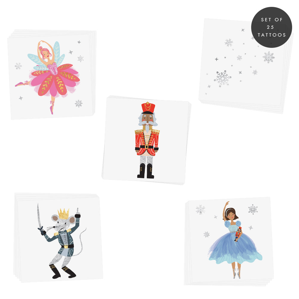 Shimmer in the holiday ballet inspired kids Nutcracker temporary tattoo set from Flash Tattoos. 25 assorted temporary metallic tattoos. 
