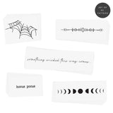  Something Wicked variety set featuring 25 pre-cut Halloween inspired black ink temporary tattoos - spider web eye jewel, lunar moon phase, hocus pocus and rune line drawing. 