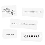 Trick-or-treat yo'self to the Something Wicked variety set featuring 25 pre-cut black ink spooky inspired temporary tattoos. Flash Tattoos Halloween tattoo set. 