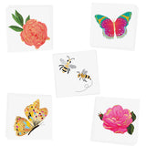 Butterfly Buzz Variety Set' features 25 assorted colorful spring inspired metallic temporary tattoos: peony, butterflies, bees and roses