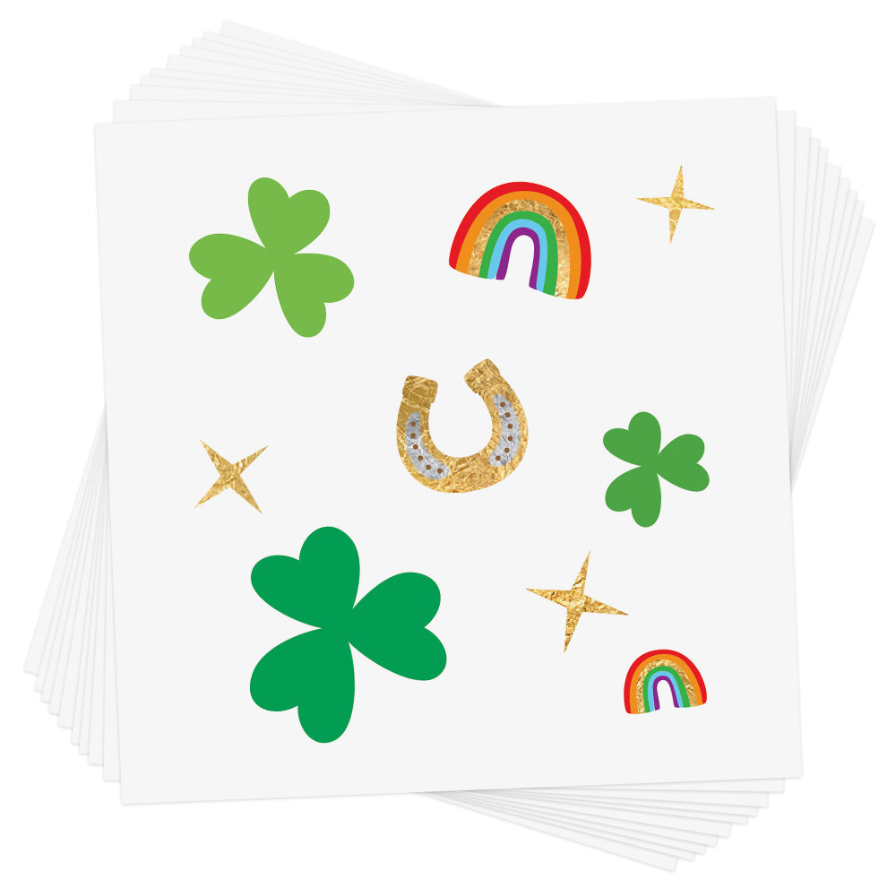 Shamrock Confetti green and metallic gold mini rainbow, horseshoe, shamrock and star temporary tattoos - the ultimate St. Patty's sparkle! @FlashTattoos