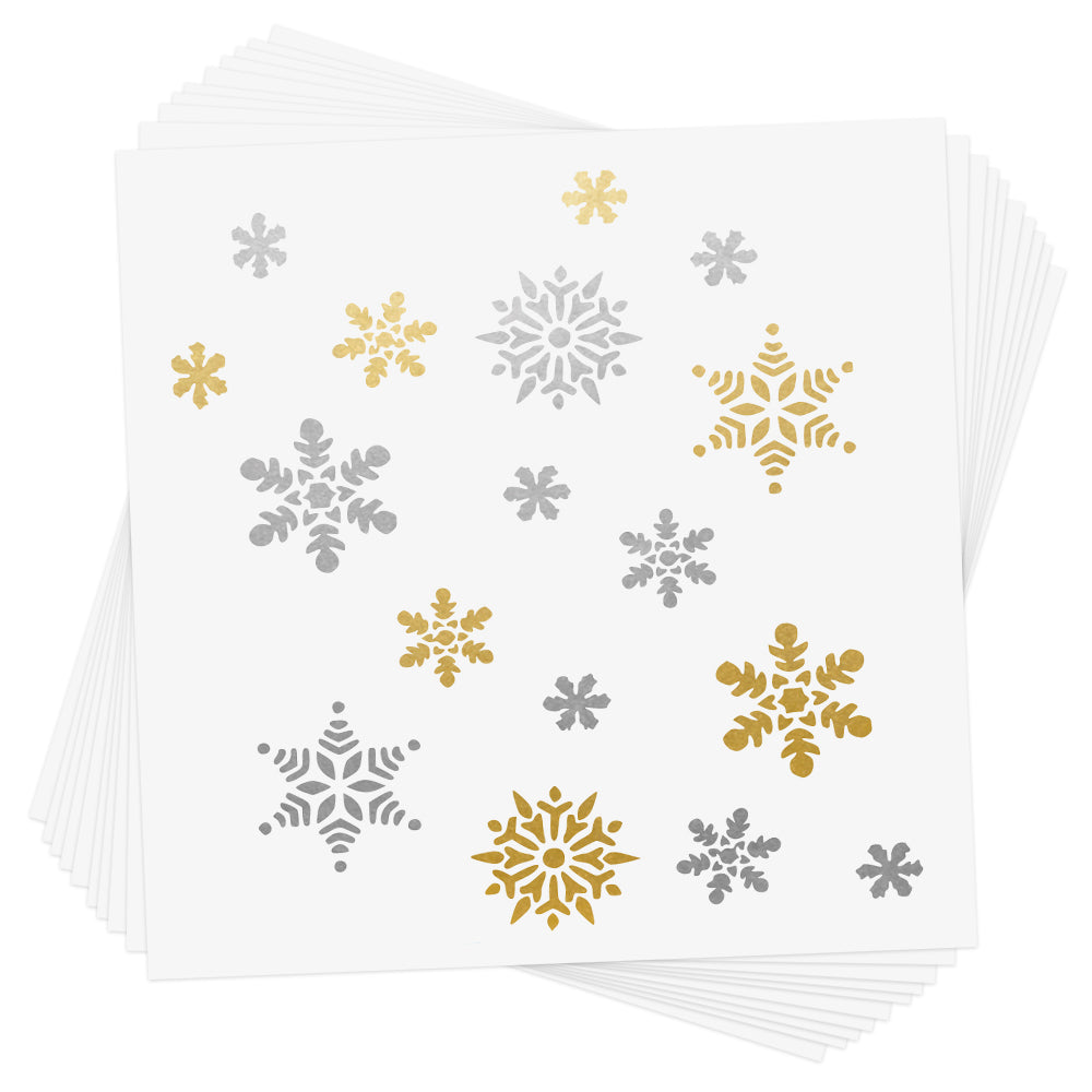 The SNOWFLAKE FLURRY party tat set includes 10 pre-cut metallic holiday Flash Tattoos pre-cut for quick and easy application to holiday decor and gifts.