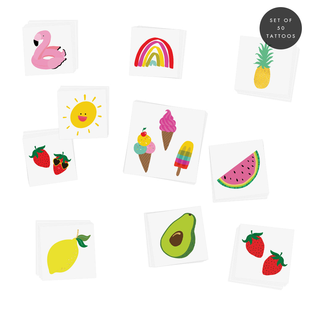 Set of 50 temporary tattoos: flamingo float, pineapple, rainbow, run, strawberries, ice cream, watermelon, lemon, avocado and strawberries