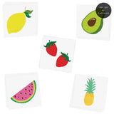 Tutti Frutti Variety set featuring 25 assorted colorful temporary waterproof kids tattoos: lemon, strawberries, watermelon, pineapple and avocado.