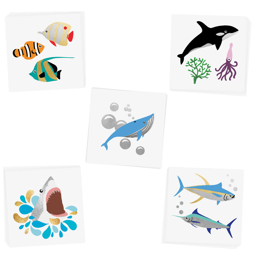 Glimmer and shine in the ocean inspired 'Under the Sea Variety Set' featuring 25 assorted kids sea life tattoos!