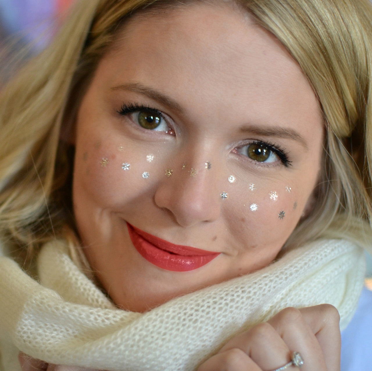 Adorn your cheeks in metallic silver 'Snowflake Freckles' temporary holiday tattoo. @FlashTattoos #FLASHTAT